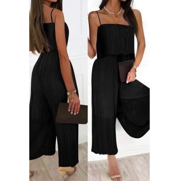 Womens Black Pleated Spaghetti Strap Jumpsuit Size L Polyester & Spandex Blend - Picture 1 of 10